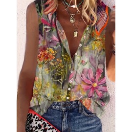 Floral Print Sleeveless Blouse, Casual Crew Neck Button Front Blouse, Women's Clothing