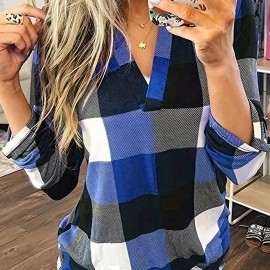 Casual Plaid Shirt, Long Sleeve V-neck Shirt,  Casual Every Day Tops, Women's Clothing