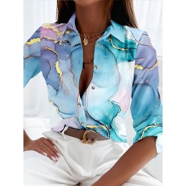 Marble Print Button Front Shirt, Casual Versatile Long Sleeve Shirt, Women's Clothing