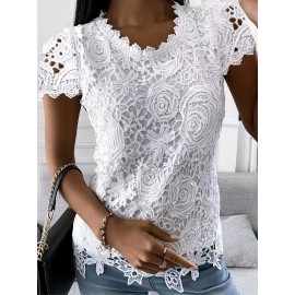 Lace Crew Neck T-Shirt, Elegant Short Sleeve T-Shirt For Spring & Summer, Women's Clothing