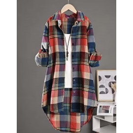 Plaid Pattern Button Front Shirt, Casual Long Sleeve Lapel Collar Shirt, Women's Clothing