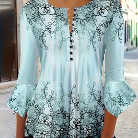 Floral Print Button Blouse, Casual Ruffle Trim Half Sleeve Blouse, Women's Clothing