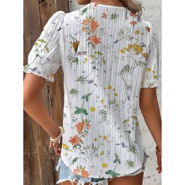 Floral Print Lace Trim Blouse, Vacation Striped V Neck Short Sleeve Blouse, Women's Clothing