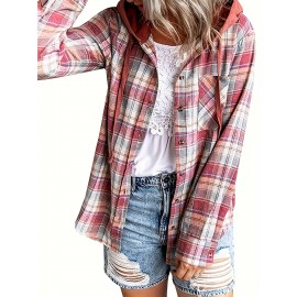 Hooded Plaid Print Blouse, Casual Button Front Drawstring Long Sleeve Blouse, Women's Clothing