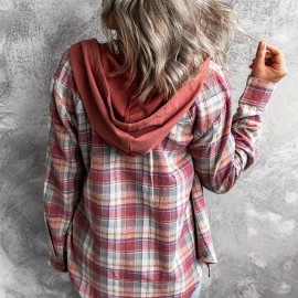 Hooded Plaid Print Blouse, Casual Button Front Drawstring Long Sleeve Blouse, Women's Clothing