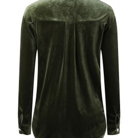 Solid Patched Pockets Velvet Shirt, Vintage Long Sleeve Shirt For Spring & Fall, Women's Clothing