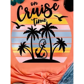 Coconut Tree & Anchor Print Tank Top, Casual Crew Neck Sleeveless Summer Tank Top, Women's Clothing