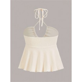 Cross Front Ruched Halter Top, Casual Tie Back Summer Sleeveless Top, Women's Clothing