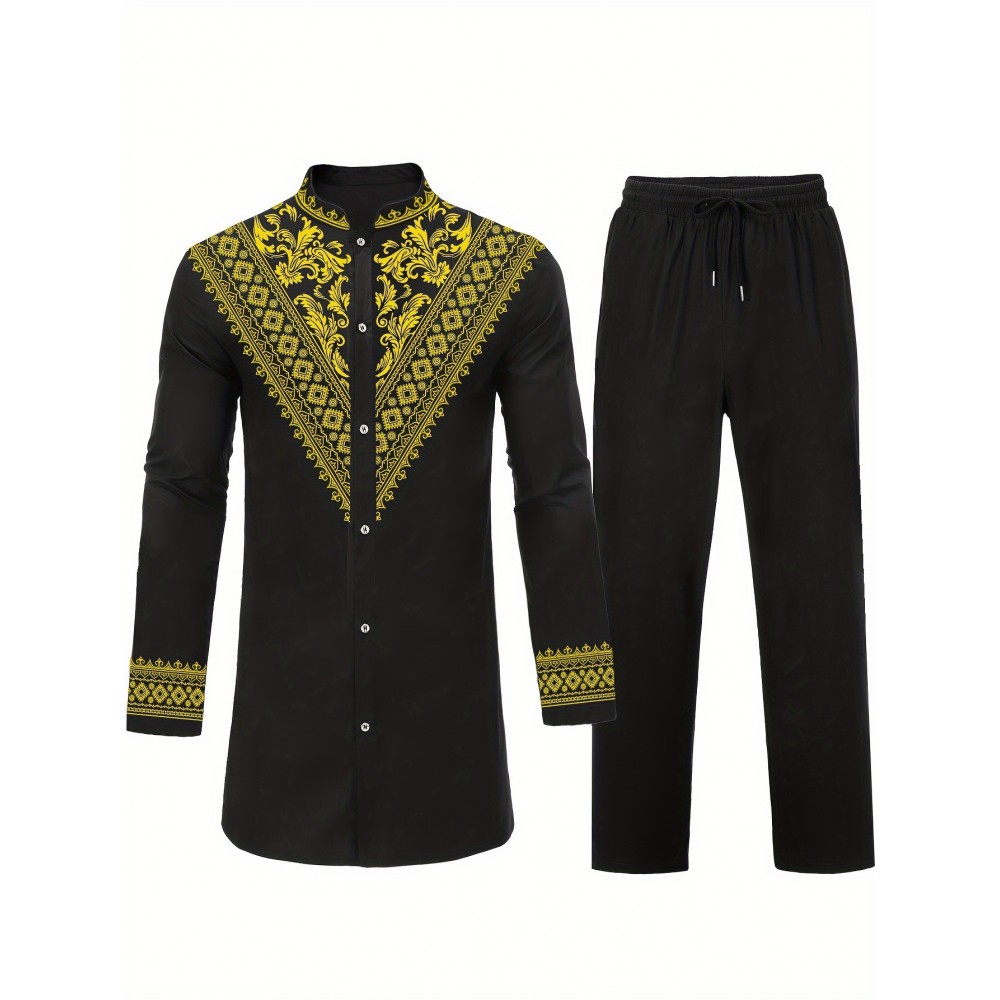 Men's African Dashiki Shirt Metallic Floral Printed Slim Fit Long Sleeve Hoodies Shirts