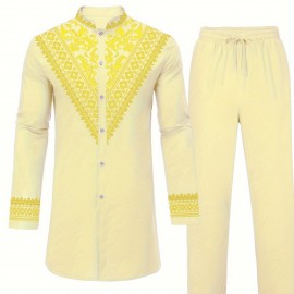 Men's African Dashiki Shirt Metallic Floral Printed Slim Fit Long Sleeve Hoodies Shirts