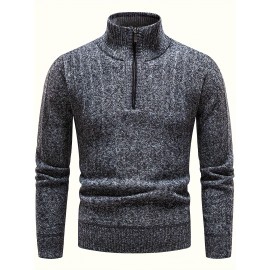 Turtle Neck With Zipper Knitted Texture Sweater, Men's Casual Warm Solid Color Mid Stretch Pullover Sweater For Fall Winter