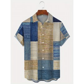 Retro Carpet Texture Geometric Pattern Men's Casual Short Sleeve Lapel Shirt, Summer Outdoor