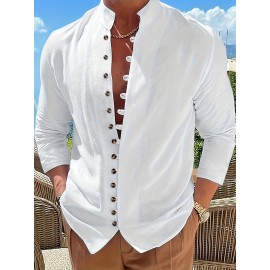 Retro Style Men's Casual Solid Long Sleeve Shirt, Men's Clothes For Spring Summer Autumn, Tops For Men