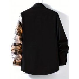 Stylish Collage Chest Pocket Plaid Pattern Casual Long Sleeve Button Up Shirt, Men's Clothes For Spring Summer Fall Outdoor