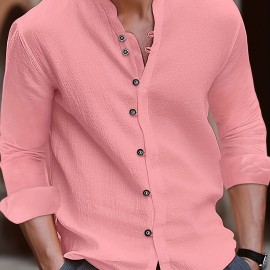 Casual Solid Men's Cotton & Linen V-neck Long Sleeve Shirt With Button, Spring Fall
