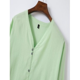 Casual Solid Men's Cotton & Linen V-neck Long Sleeve Shirt With Button, Spring Fall
