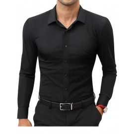 Basic Solid Men's Daily Stretch Formal Dress, Men's Slim Fit Long Sleeve Button Up Shirt, Spring Fall