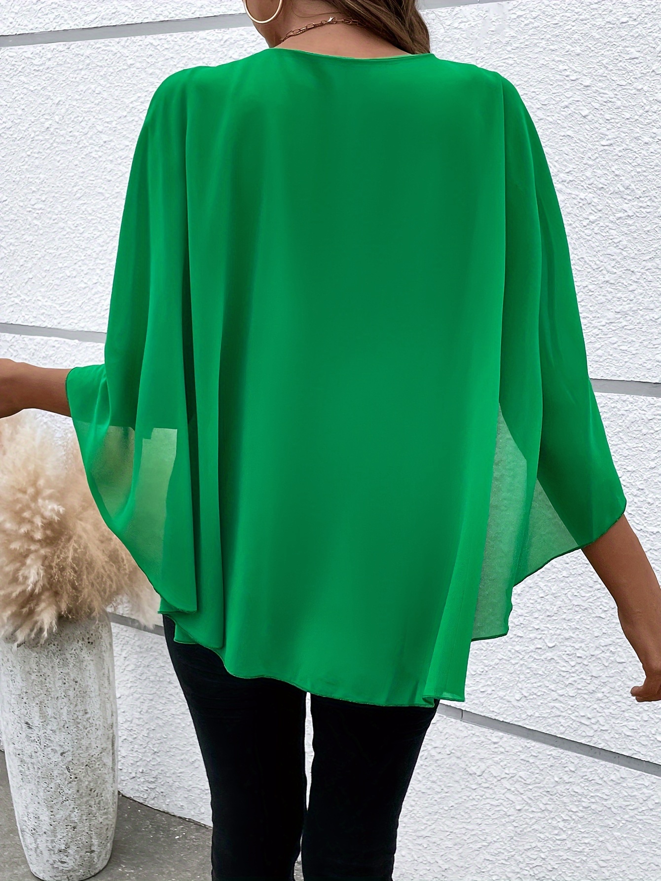 solid layered cloak sleeve blouse versatile crew neck blouse for spring fall womens clothing details 1