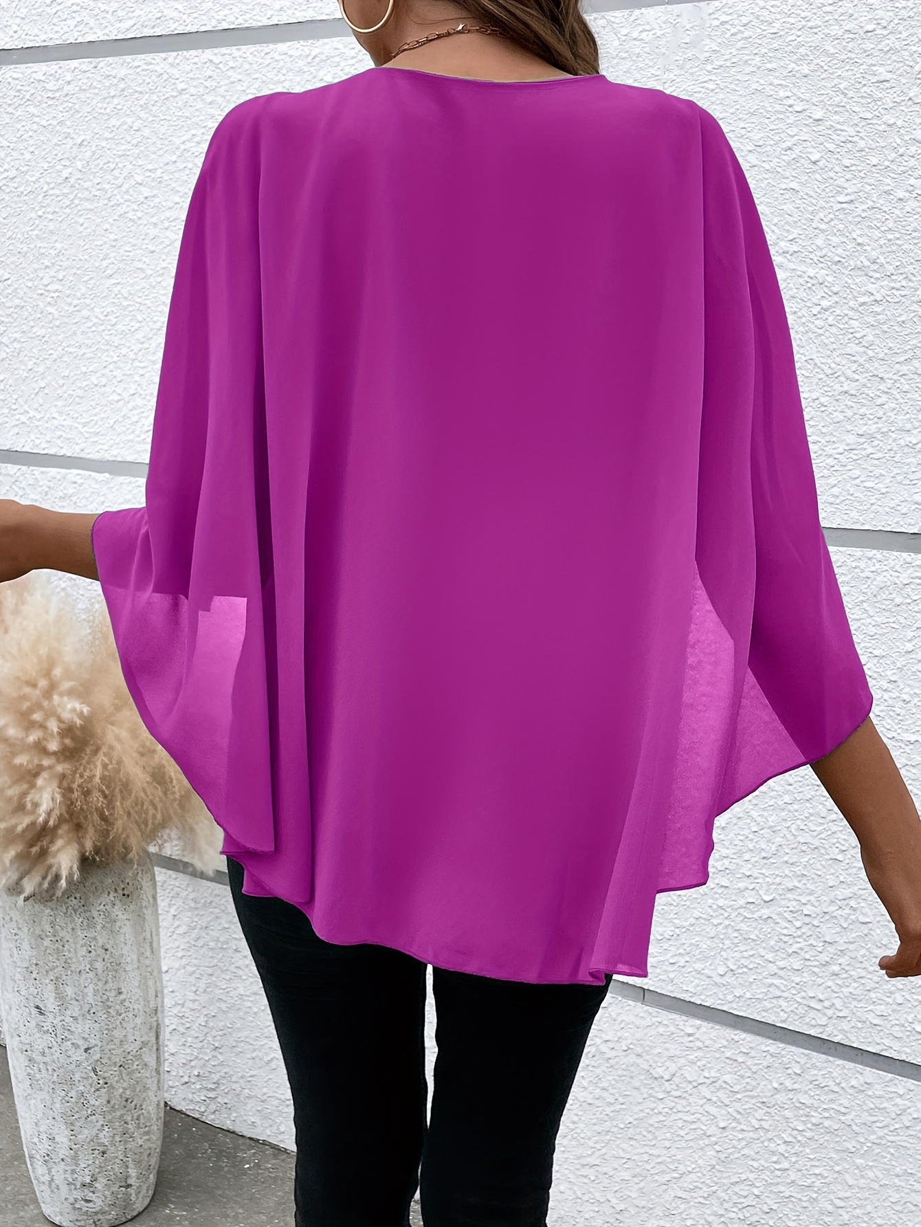 solid layered cloak sleeve blouse versatile crew neck blouse for spring fall womens clothing details 29