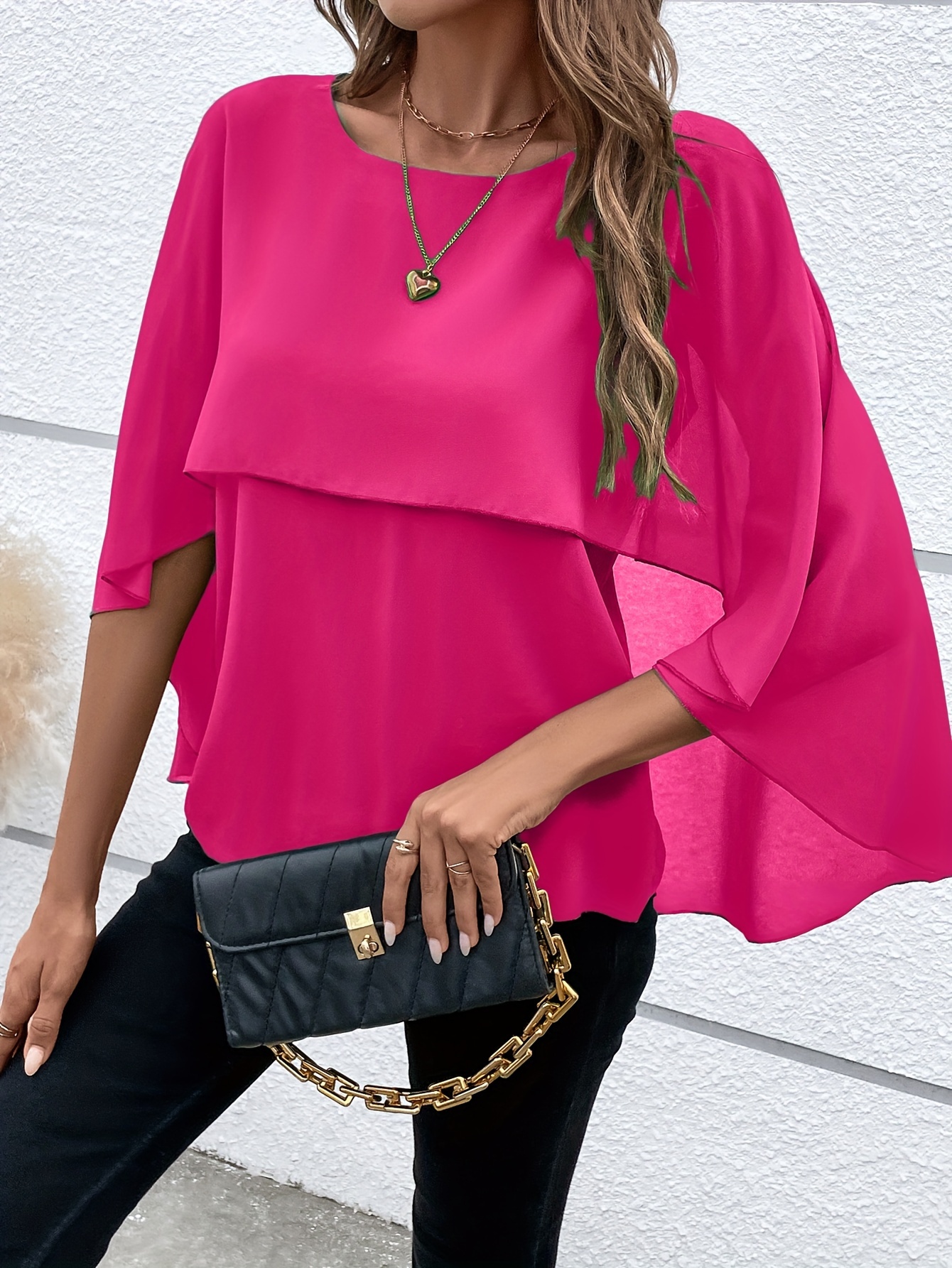 solid layered cloak sleeve blouse versatile crew neck blouse for spring fall womens clothing details 37