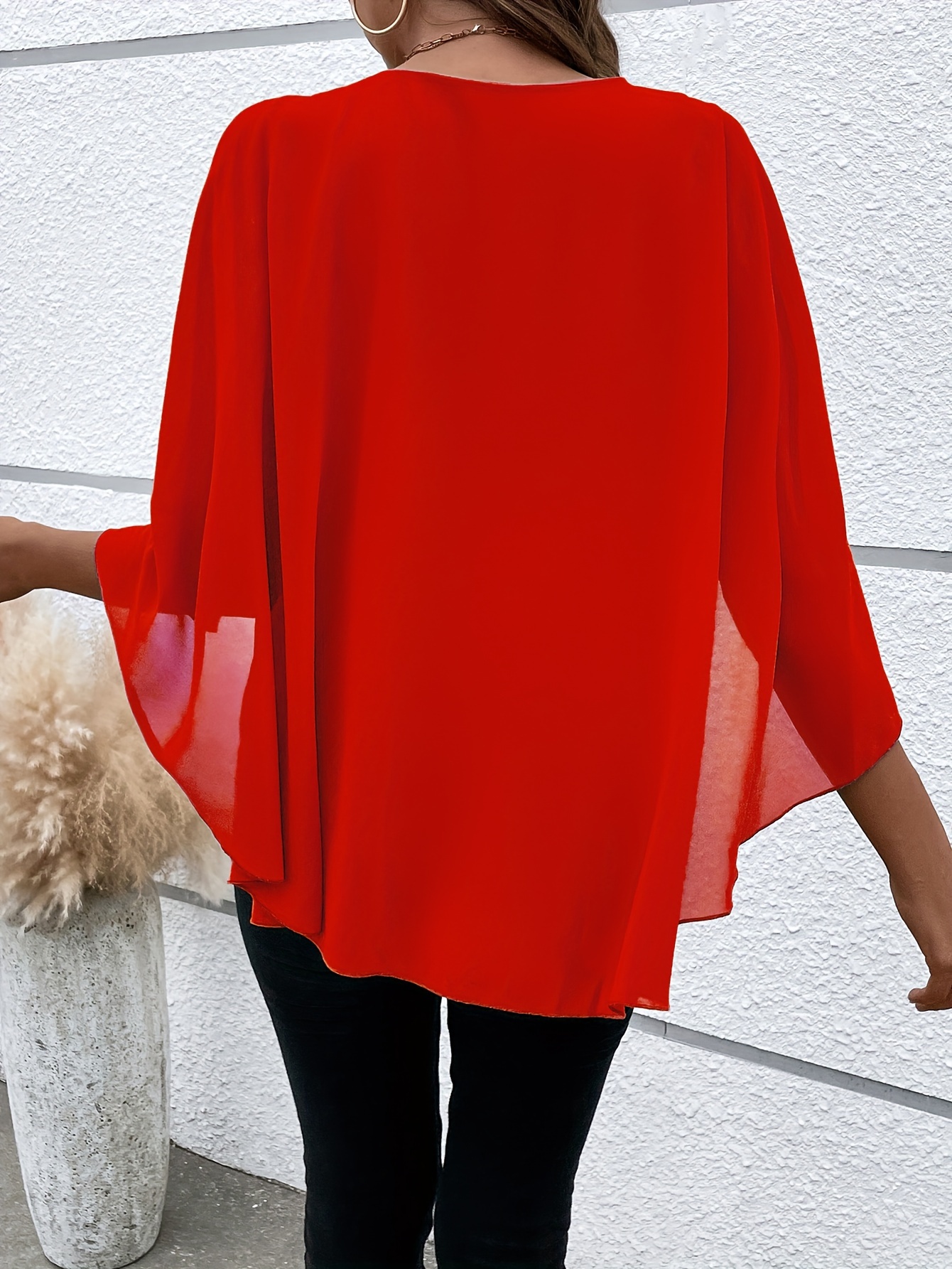 solid layered cloak sleeve blouse versatile crew neck blouse for spring fall womens clothing details 42