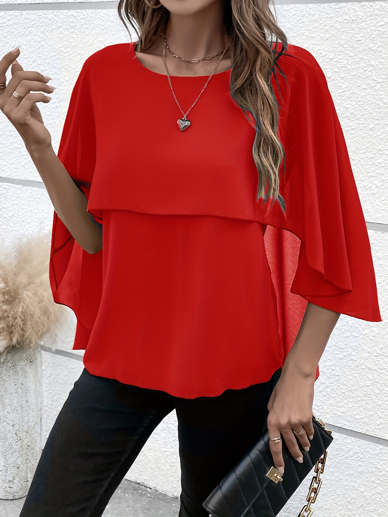 solid layered cloak sleeve blouse versatile crew neck blouse for spring fall womens clothing details 46