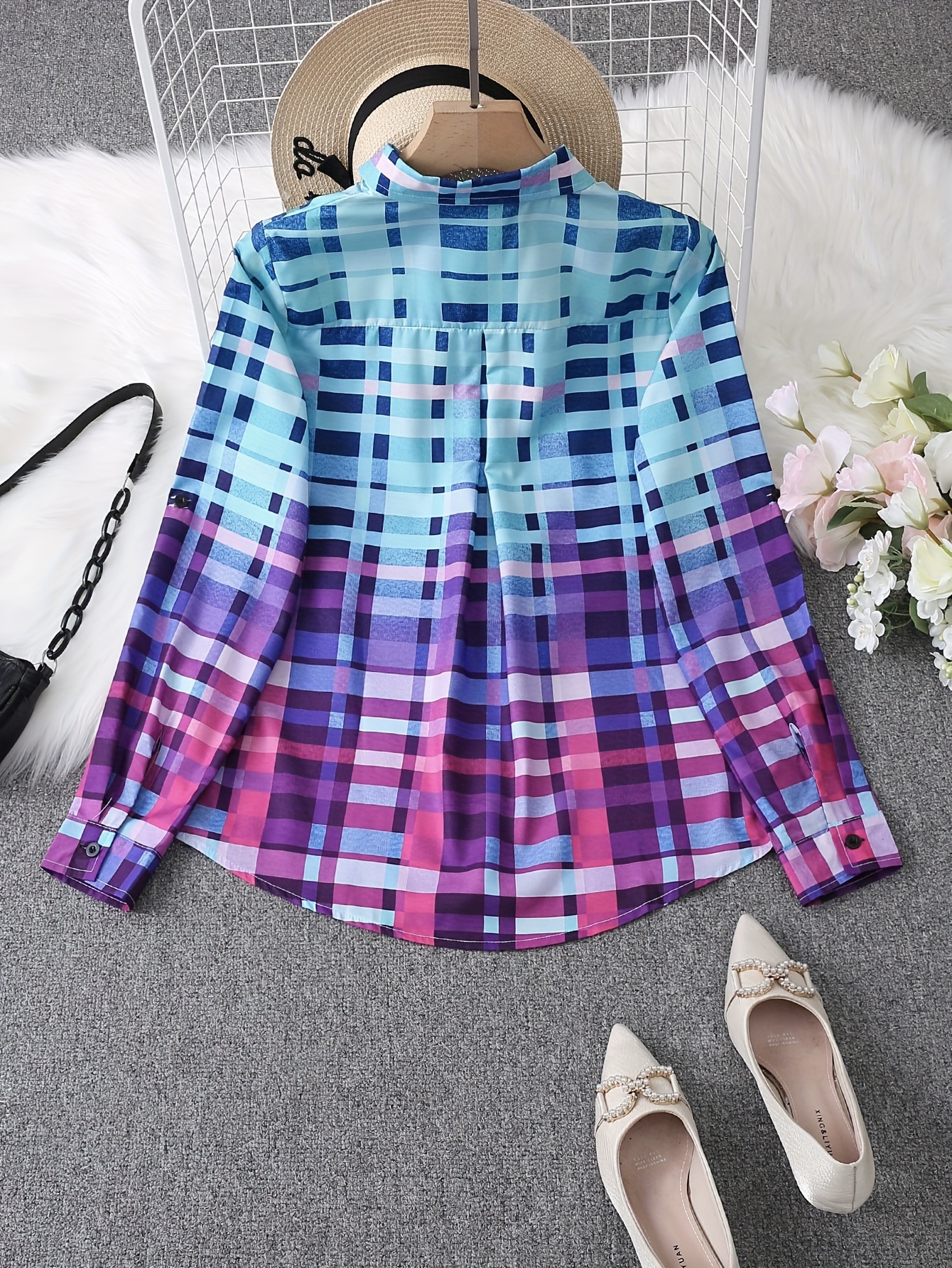 colorful plaid print shirt casual long sleeve button front shirt with a collar womens clothing details 0