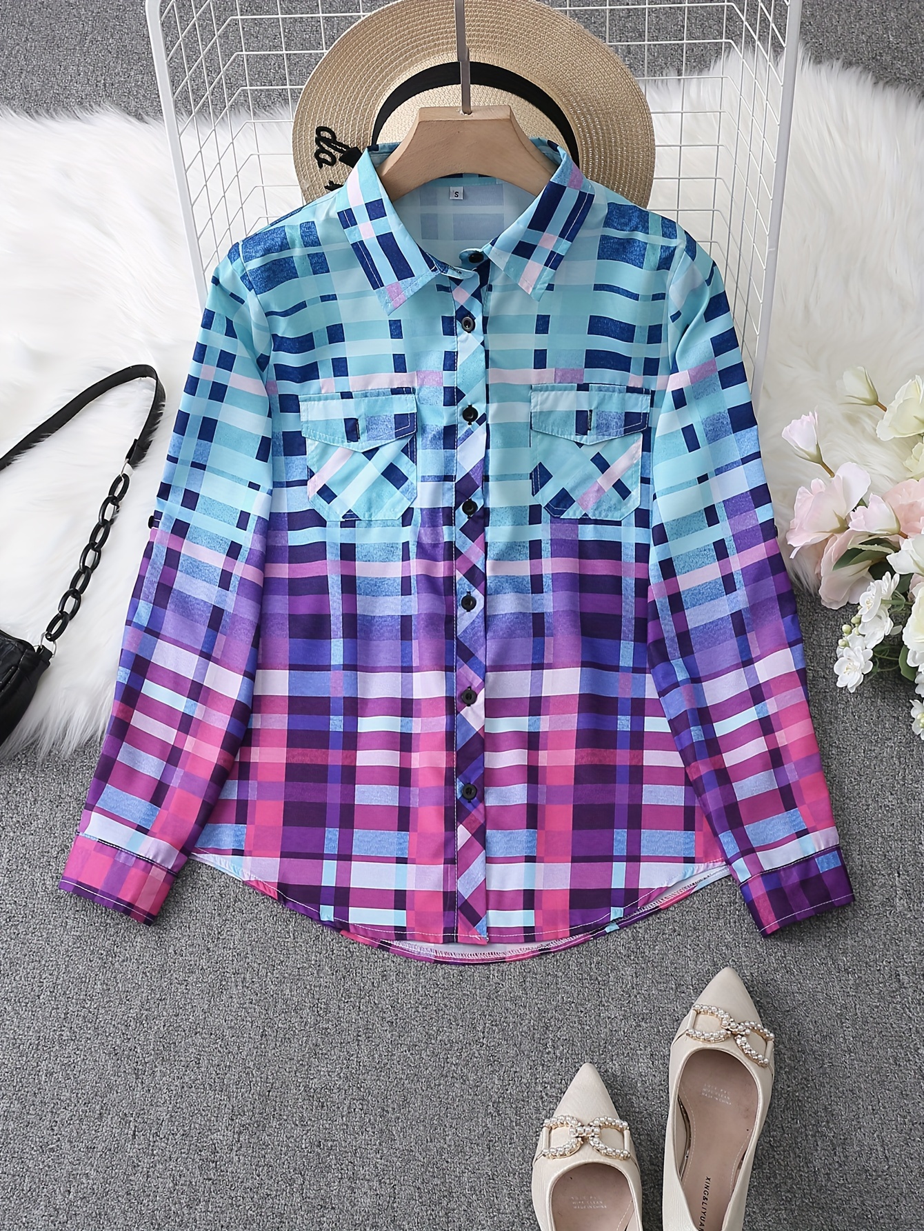 colorful plaid print shirt casual long sleeve button front shirt with a collar womens clothing details 4