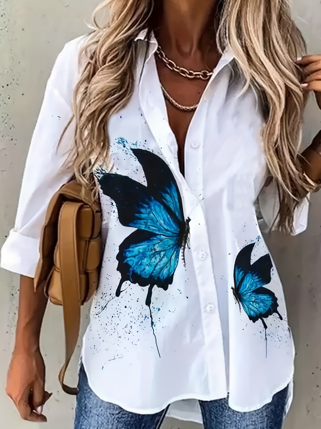 butterfly print polo neck shirt casual long sleeve blouse for spring fall womens clothing details 1