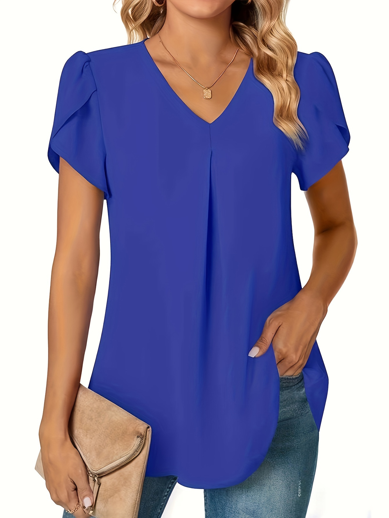 solid v neck petal sleeve blouse versatile simple blouse for spring summer womens clothing details 8