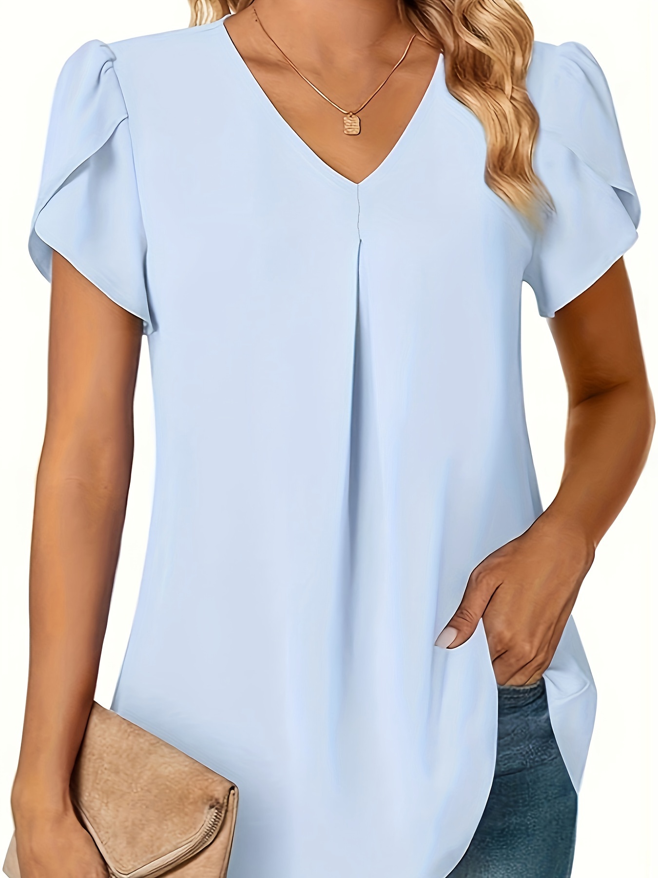 solid v neck petal sleeve blouse versatile simple blouse for spring summer womens clothing details 18