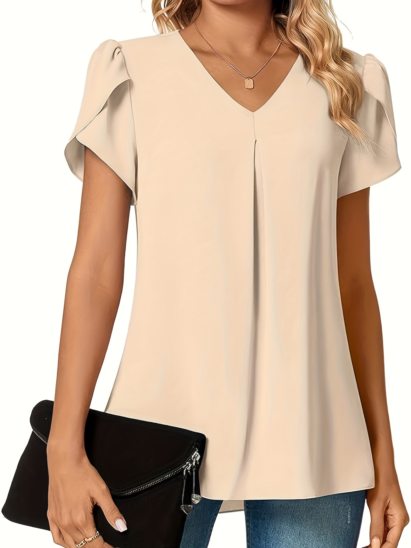 solid v neck petal sleeve blouse versatile simple blouse for spring summer womens clothing details 20