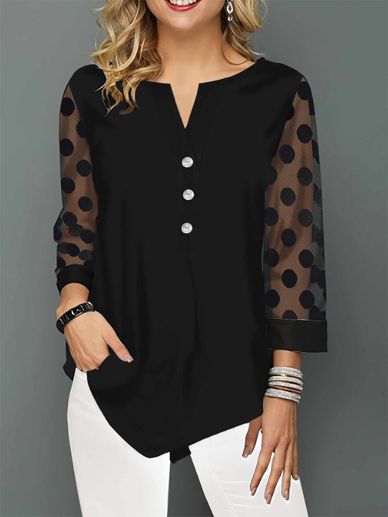 polka dot mesh notched neck blouse versatile 3 4 sleeve blouse for spring fall womens clothing details 1