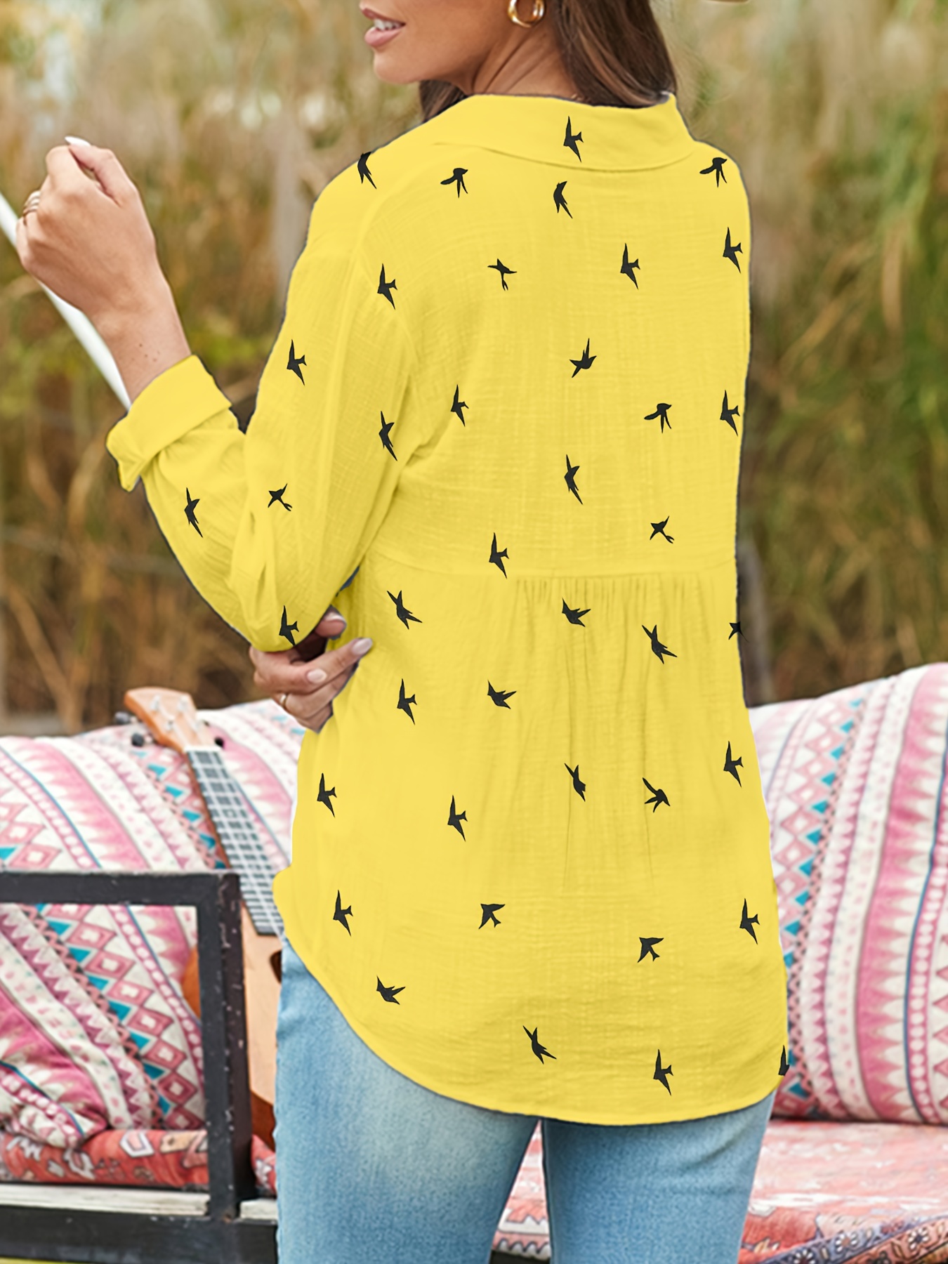 bird print button front shirt casual long sleeve shirt for spring fall womens clothing details 4