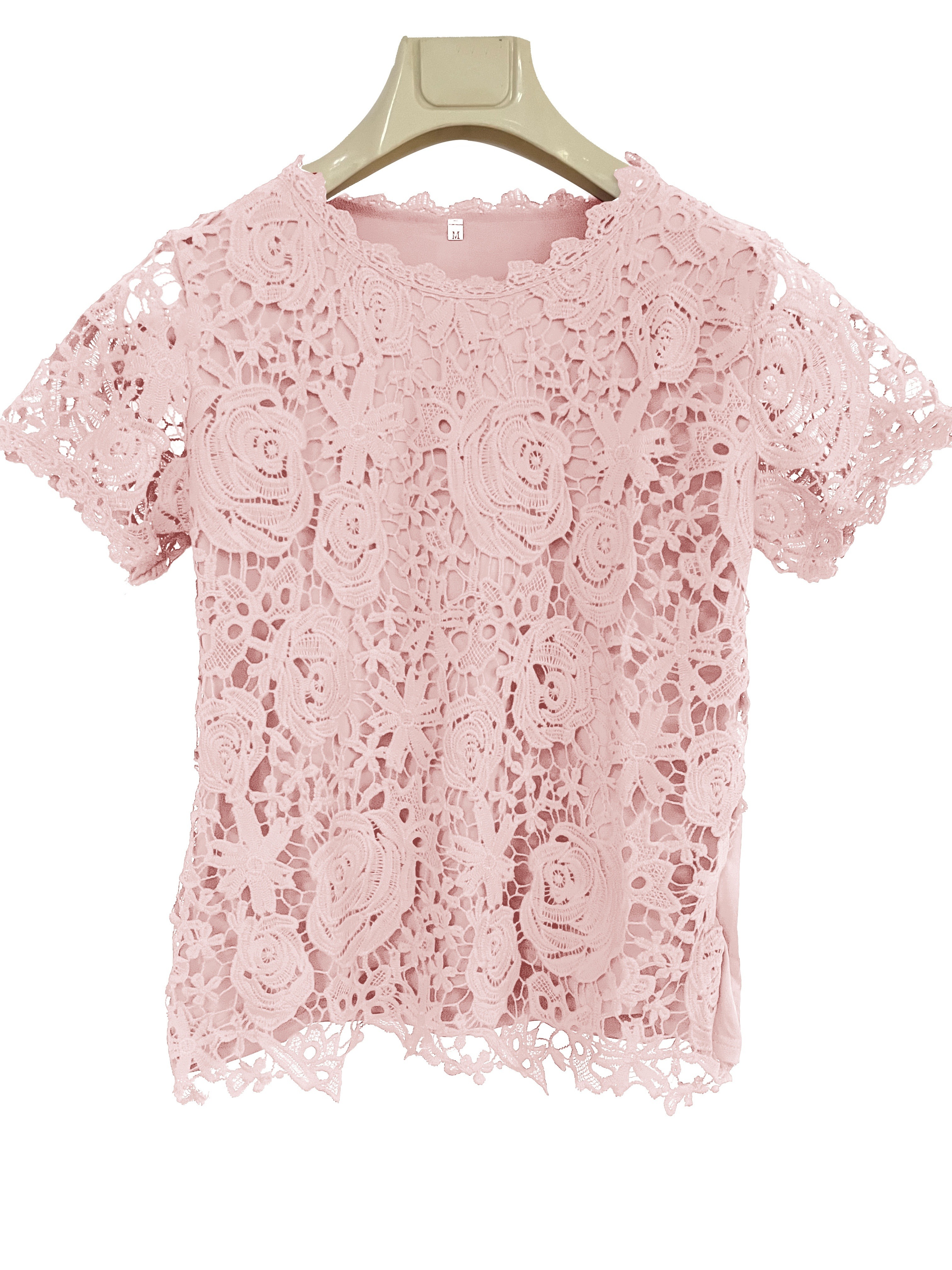 lace crew neck t shirt elegant short sleeve t shirt for spring summer womens clothing details 10