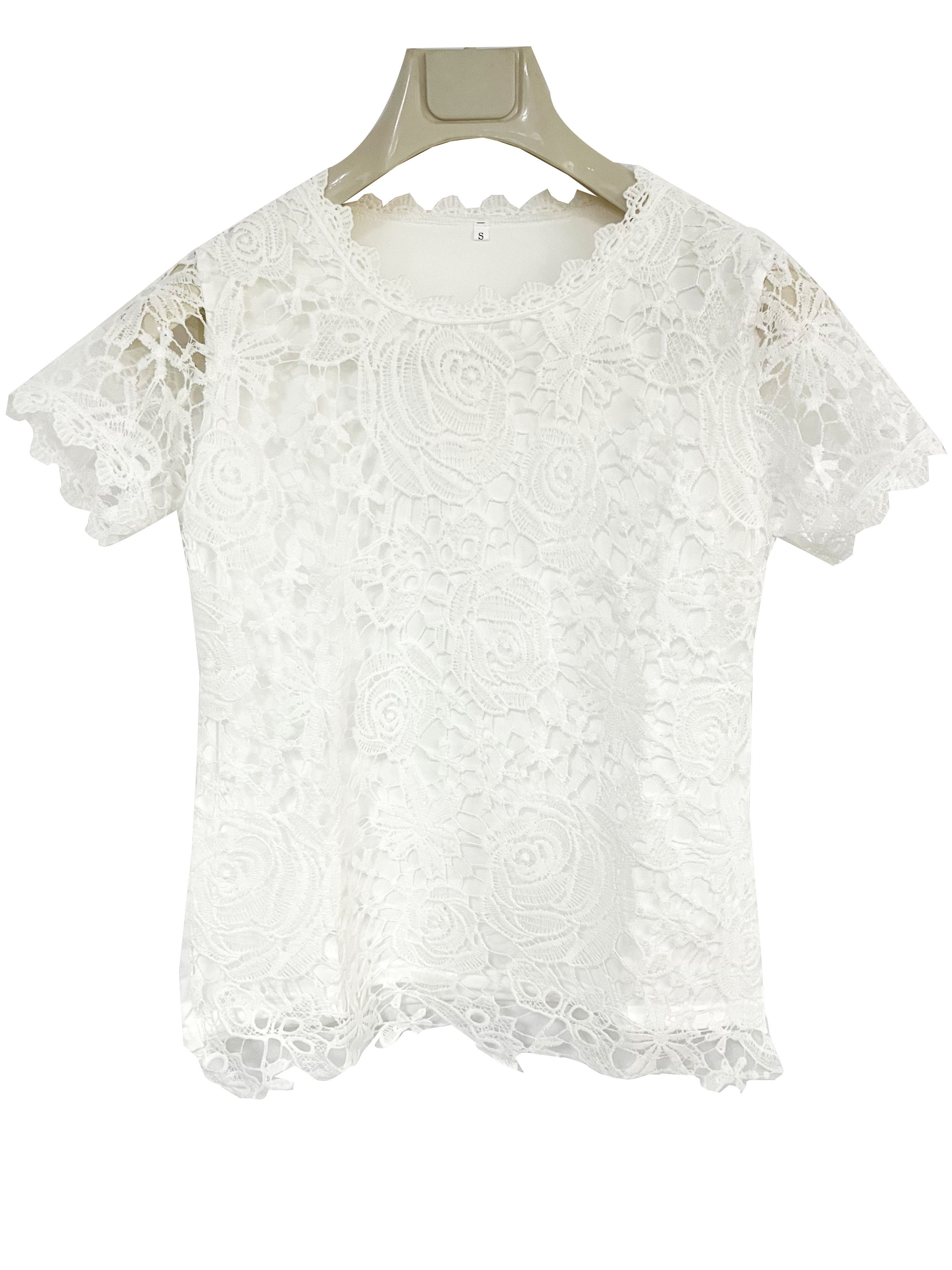 lace crew neck t shirt elegant short sleeve t shirt for spring summer womens clothing details 12