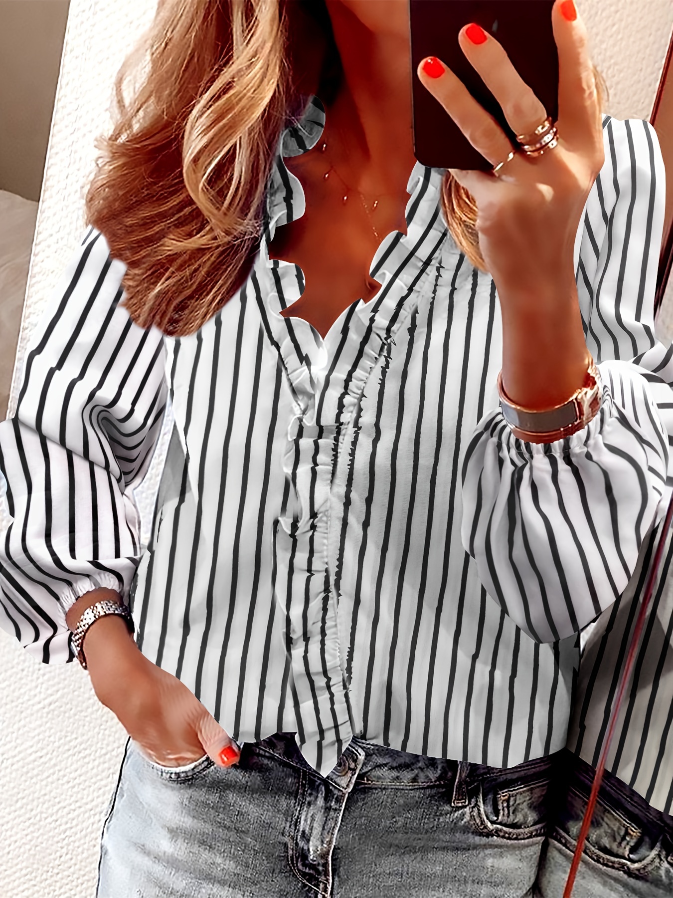 ruffled trim v neck shirt elegant loose long sleeve shirt womens clothing details 24