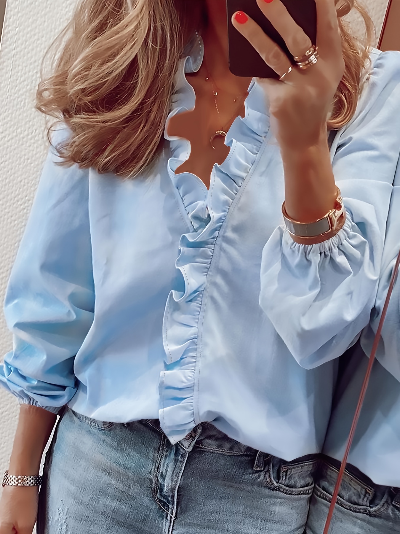 ruffled trim v neck shirt elegant loose long sleeve shirt womens clothing details 74