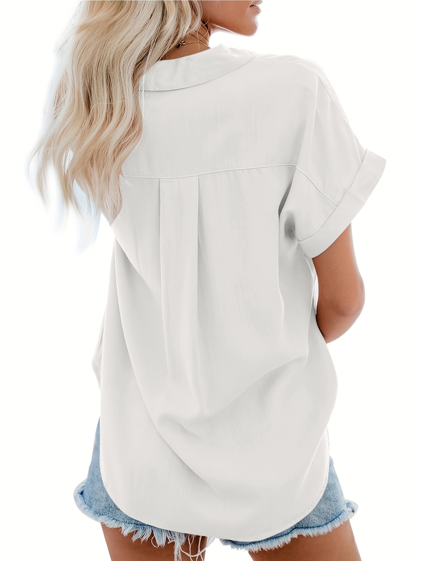 v neck collared button blouses casual pocket short sleeve fashion loose shirt womens clothing details 1