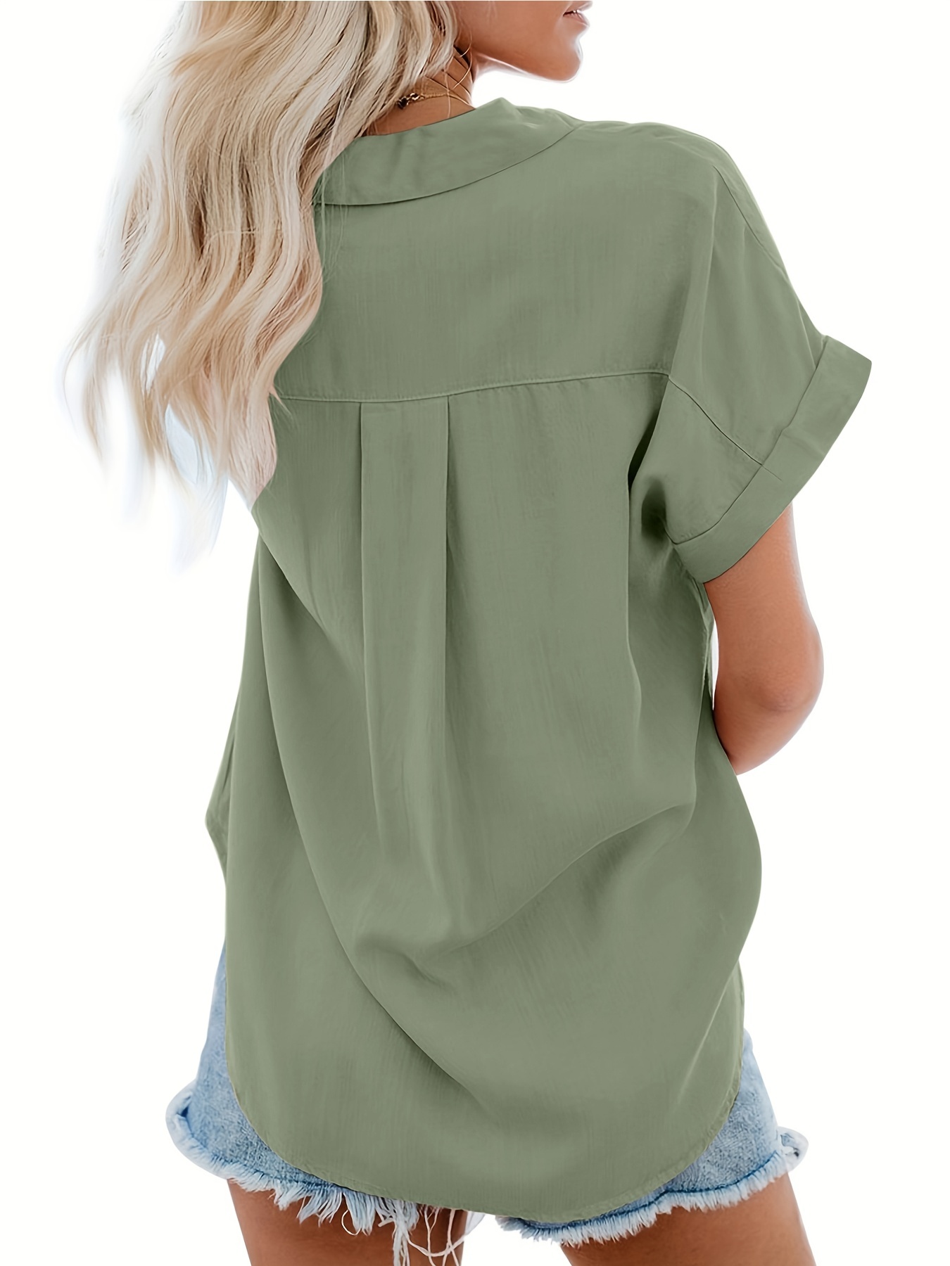 v neck collared button blouses casual pocket short sleeve fashion loose shirt womens clothing details 16