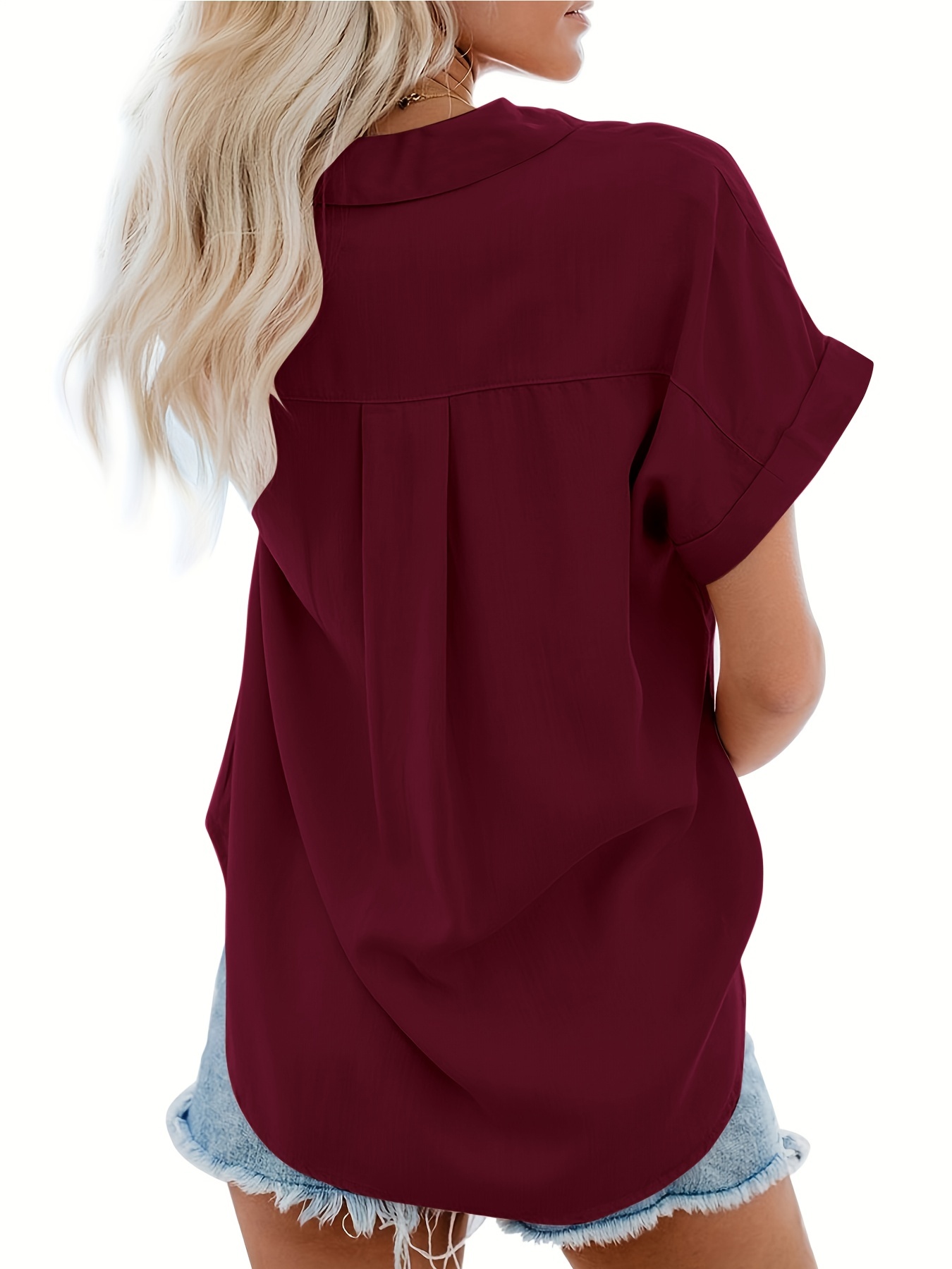 v neck collared button blouses casual pocket short sleeve fashion loose shirt womens clothing details 31