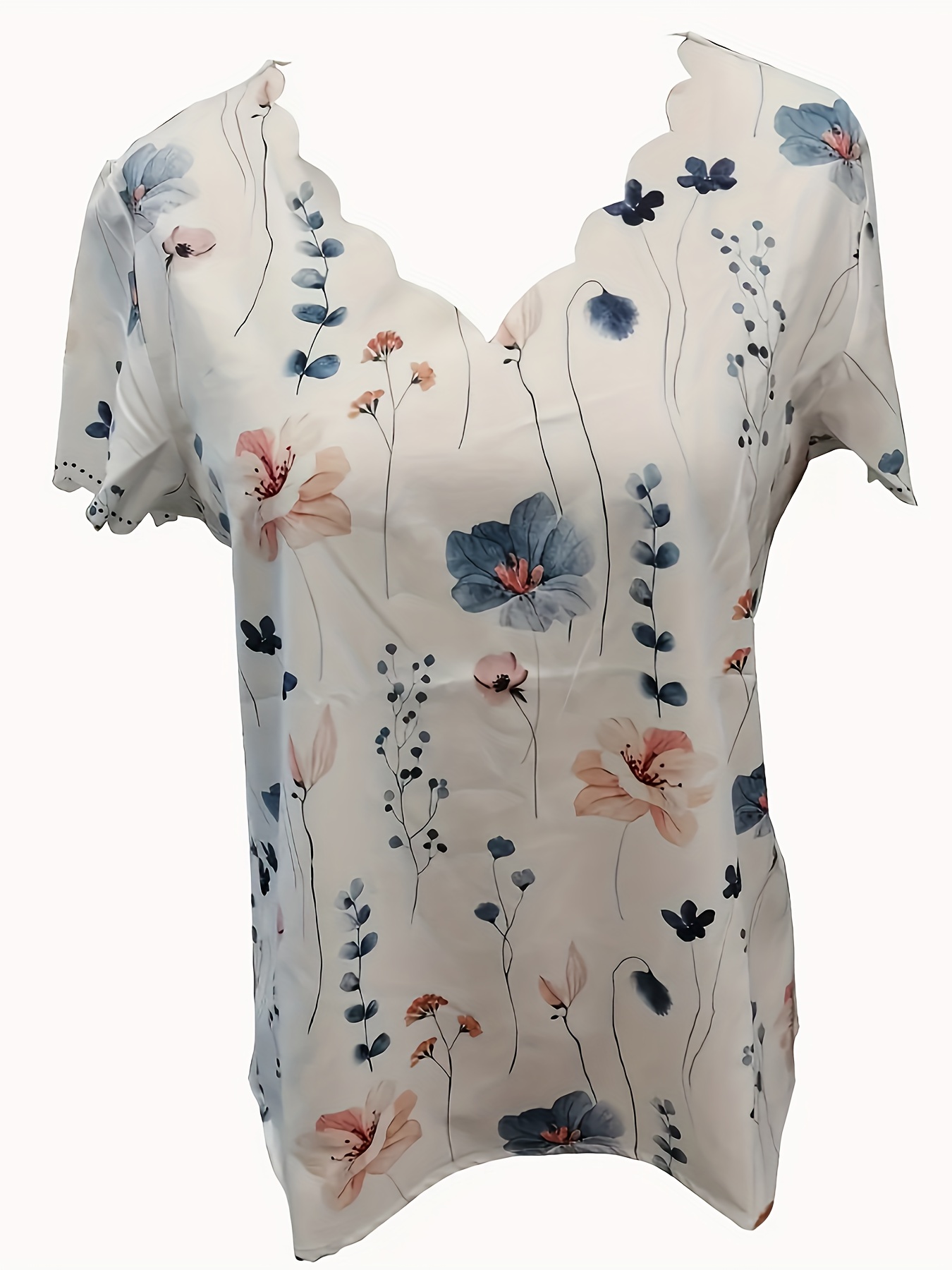 floral print scallop trim blouse, floral print scallop trim blouse casual short sleeve v neck blouse for spring summer womens clothing details 16