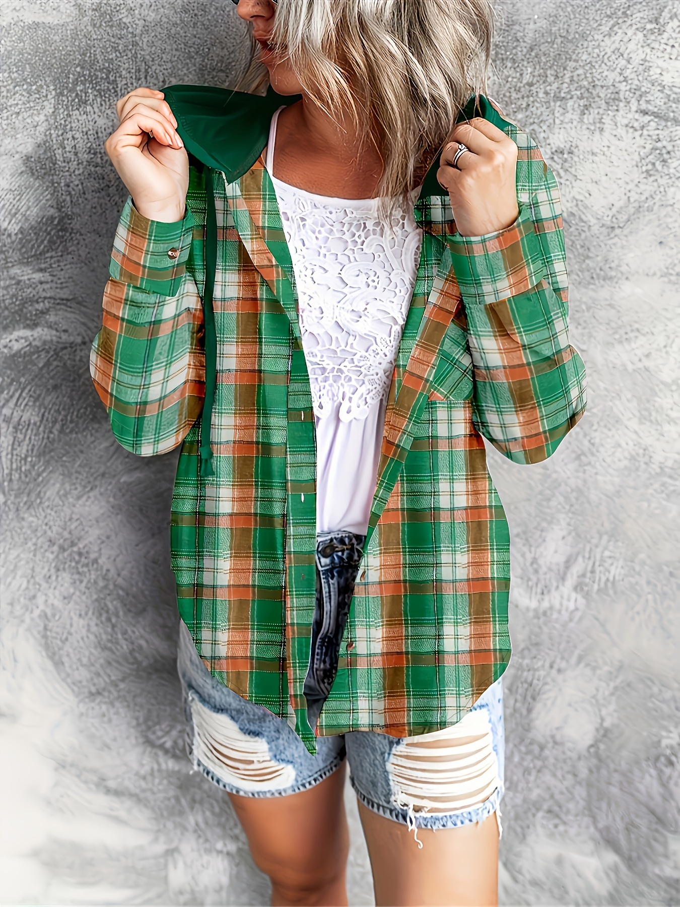 plaid print hooded shirt casual long sleeve drawstring shirt womens clothing details 0