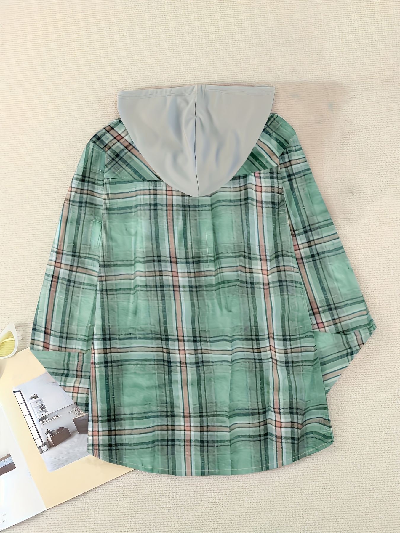 plaid print hooded shirt casual long sleeve drawstring shirt womens clothing details 13