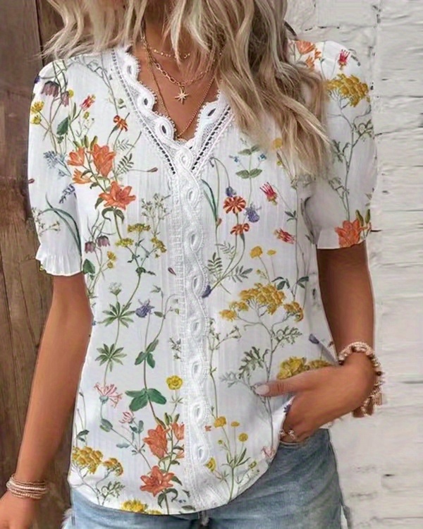 floral print lace trim blouse vacation striped v neck short sleeve blouse womens clothing details 2