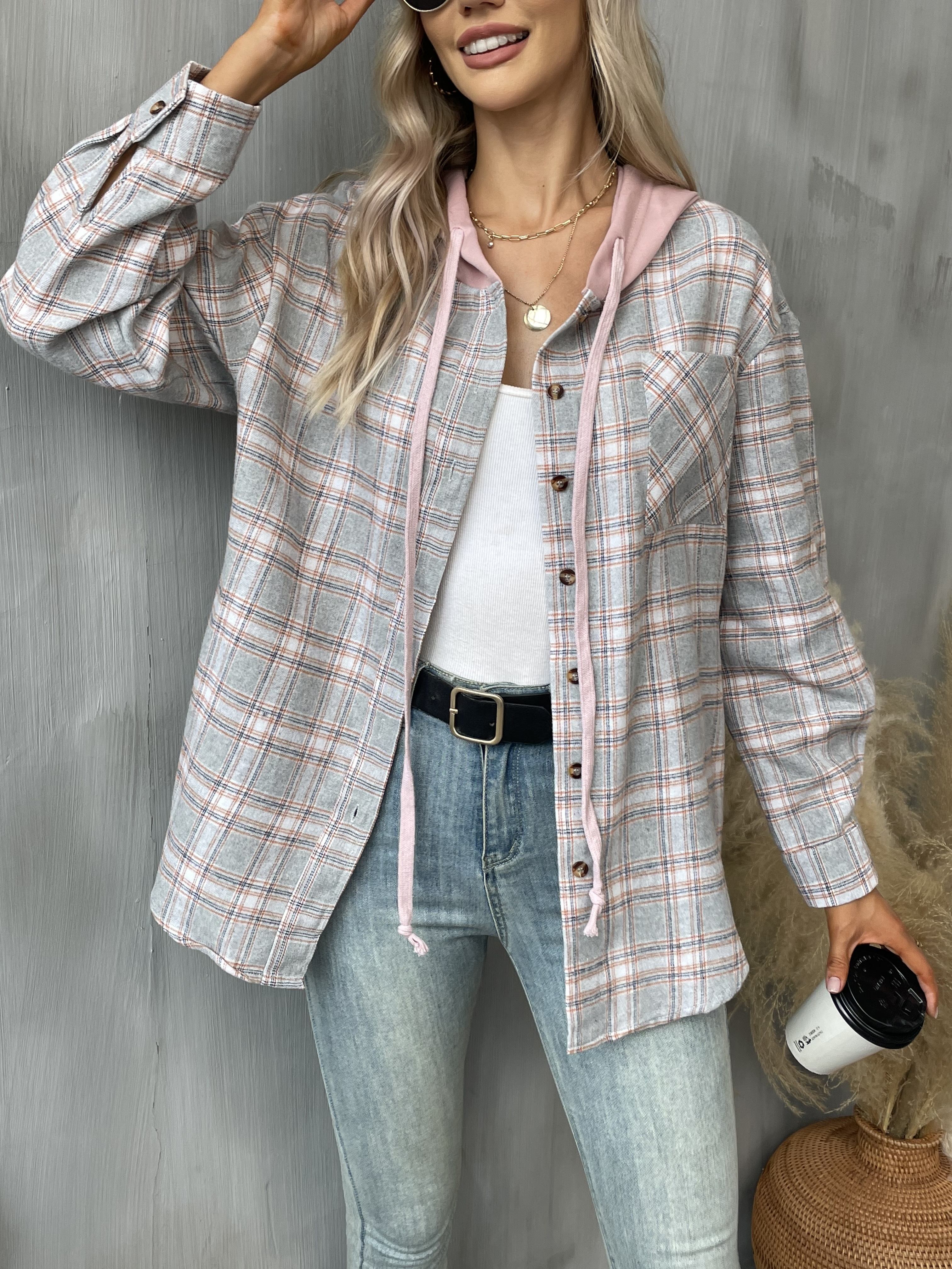 hooded plaid print blouse casual button front drawstring long sleeve blouse womens clothing details 14