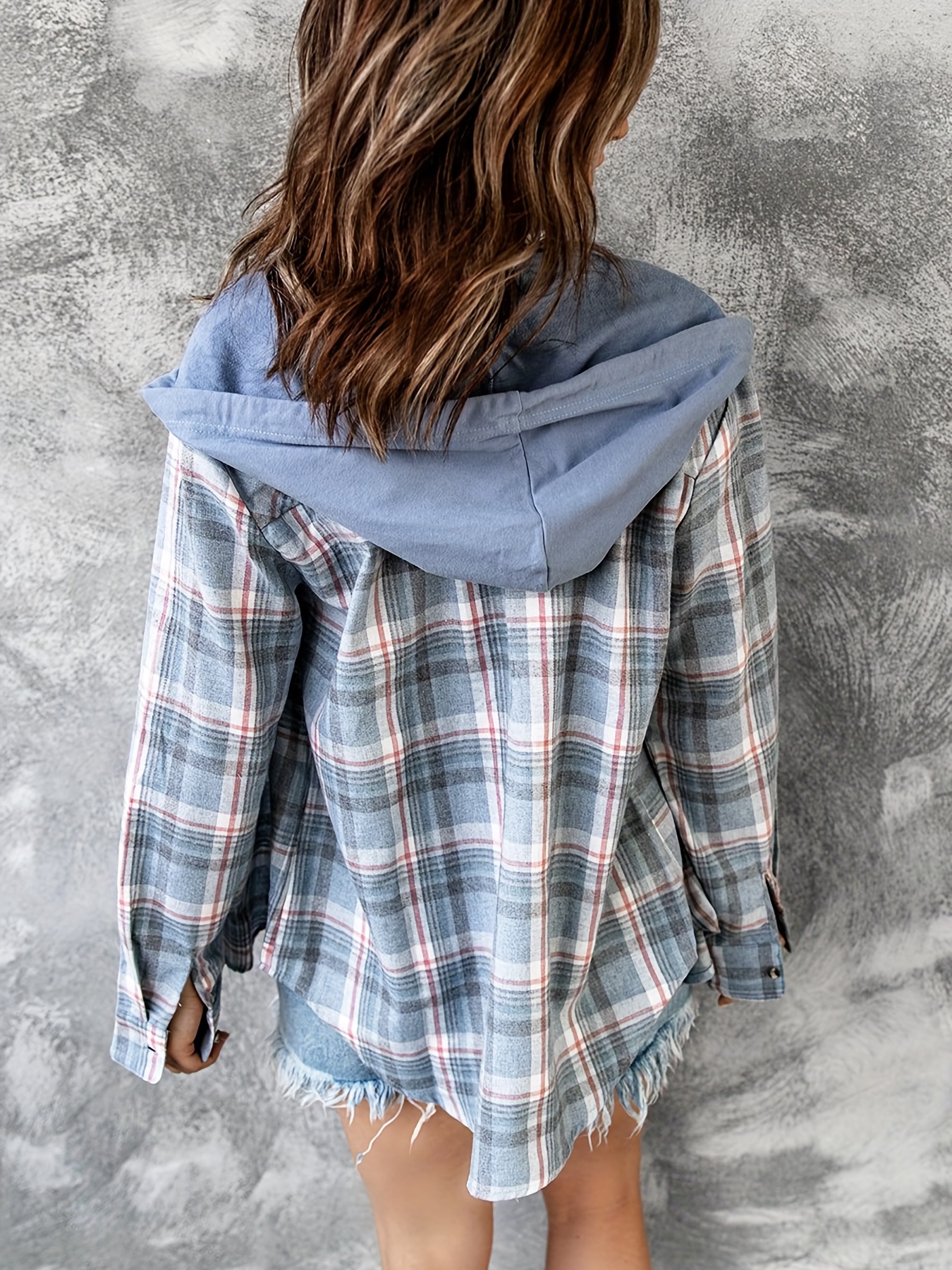 hooded plaid print blouse casual button front drawstring long sleeve blouse womens clothing details 33