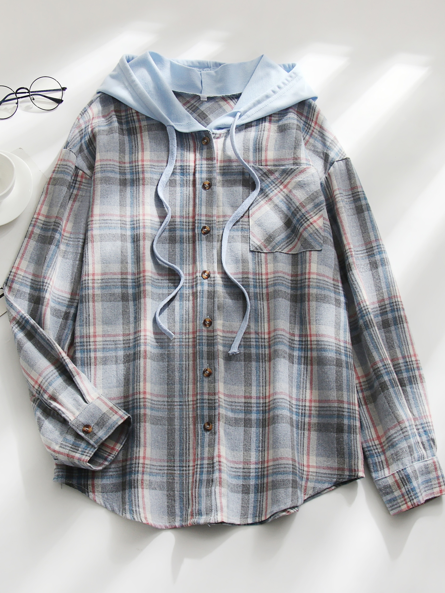 hooded plaid print blouse casual button front drawstring long sleeve blouse womens clothing details 34