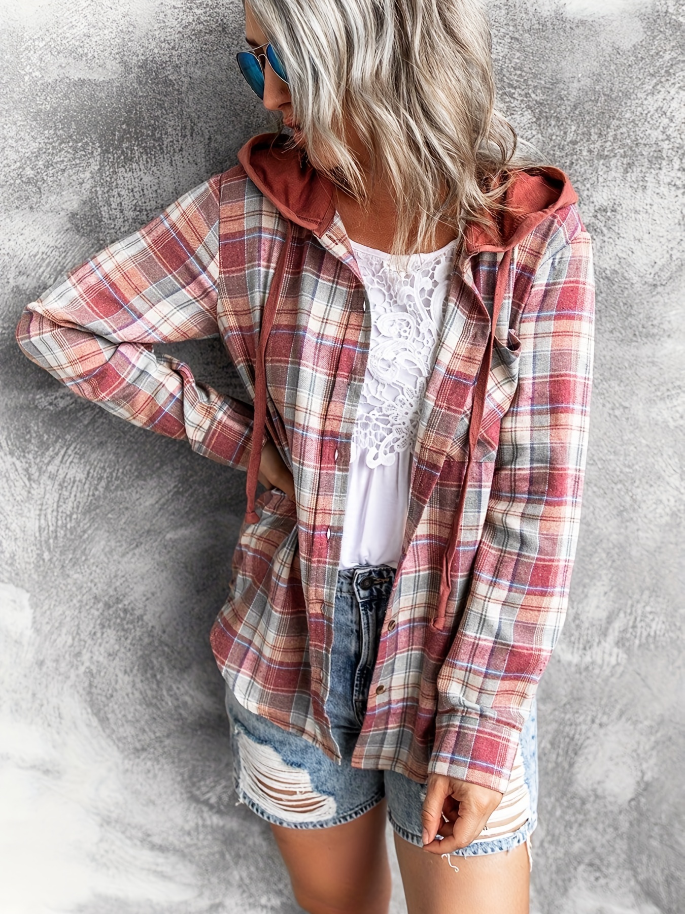 hooded plaid print blouse casual button front drawstring long sleeve blouse womens clothing details 39