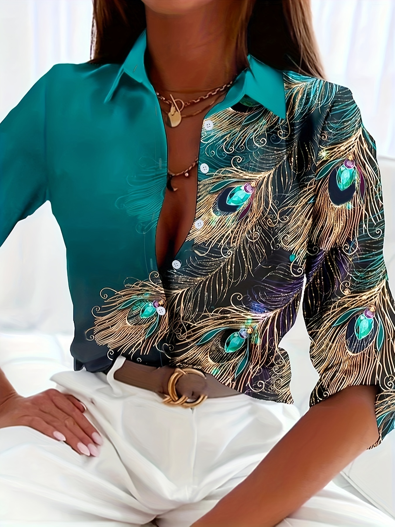 peacock feather print shirt, peacock feather print shirt long sleeve button up casual top for fall spring womens clothing details 10